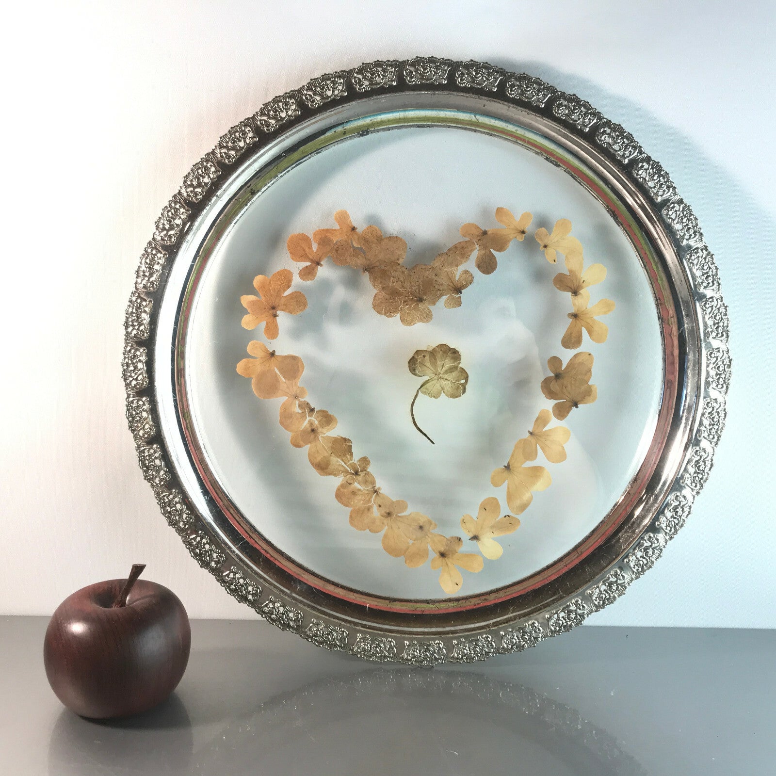 Glas Tortenplatte außen 36 cm 60er 70er versilbert Herz Teller Kleeblatt