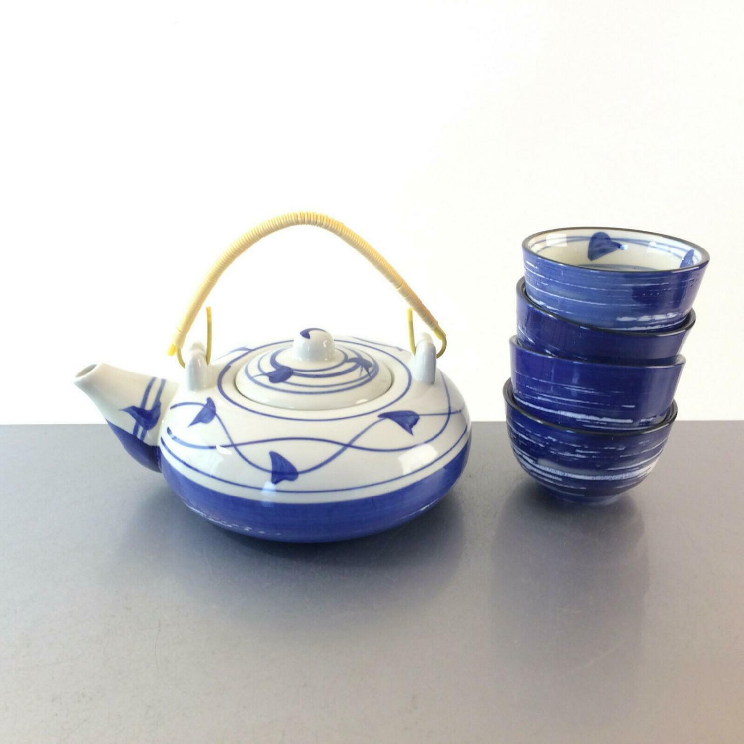 Vintage Teeservice Asia Teekanne Teetassen Kanne Teeschalen blau