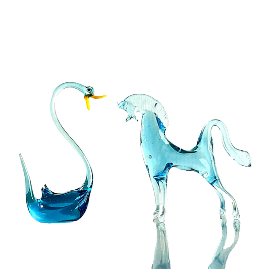  Murano Figur Pferd Schwan blau Glas Vintage ca 13 cm 60er 70er Tierfigur