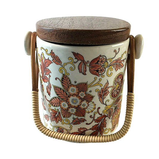 Dose Keramik Deckeldose mit Holzdeckel 12 cm Henkelgriff 50er 60er