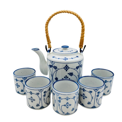 Teeservice 5er Set Teeschalen Teekanne blau weiß Blüten Vintage 60er 70er Jahre