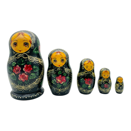 Babuschka aus Holz gedrechselt 5 Puppen Handbemalt blau Blumen Steckpuppe