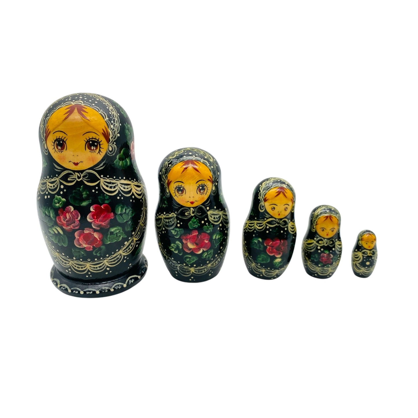Babuschka aus Holz gedrechselt 5 Puppen Handbemalt blau Blumen Steckpuppe