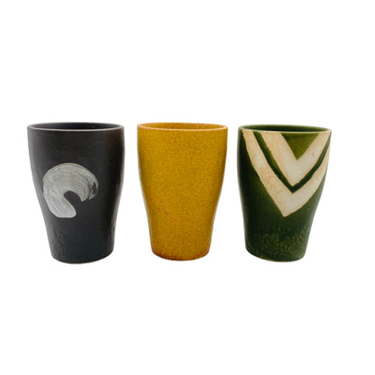 Becher Keramik Vintage Mid Century bunt 50er 60er gelb grün grau