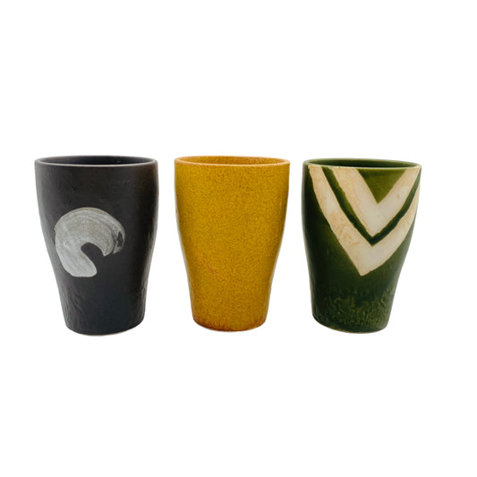 Becher Keramik Vintage Mid Century bunt 50er 60er gelb grün grau