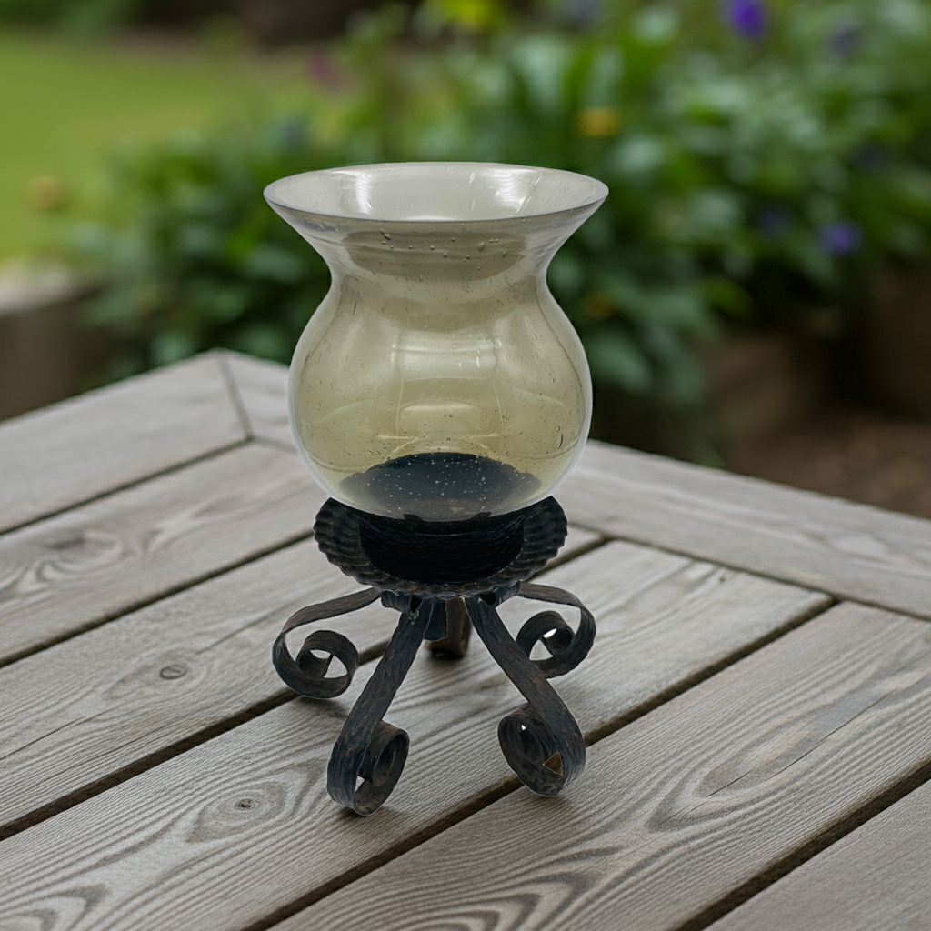 1970er Jahre Windlicht Rauchglas Schirm Glaschirm Eisen Halter Vintage Kerzenständer