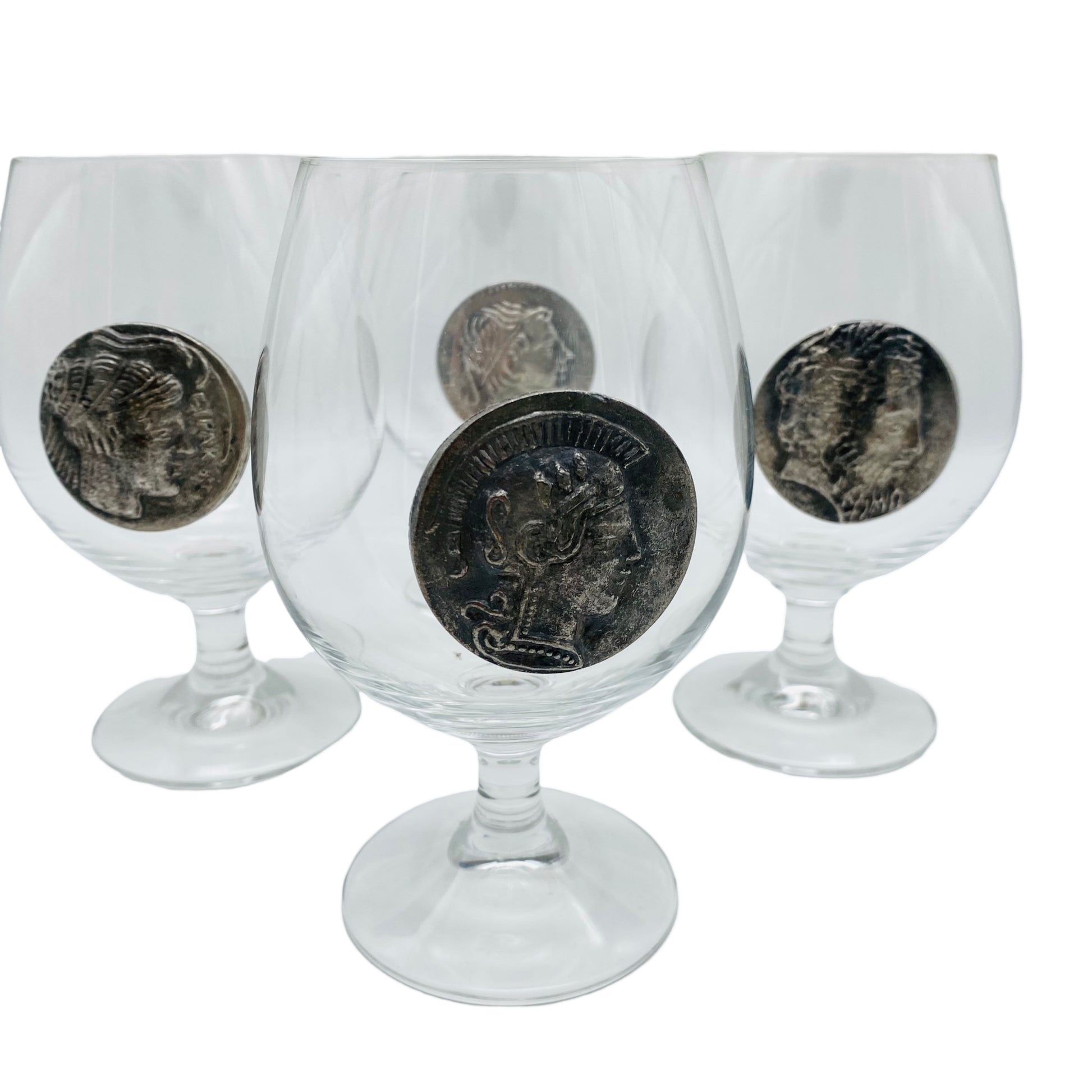 Cognacgläser 4er Set mit Zinn Münze römische Kaiser Vintage Gläser