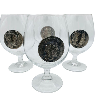 Cognacgläser 4er Set mit Zinn Münze römische Kaiser Vintage Gläser
