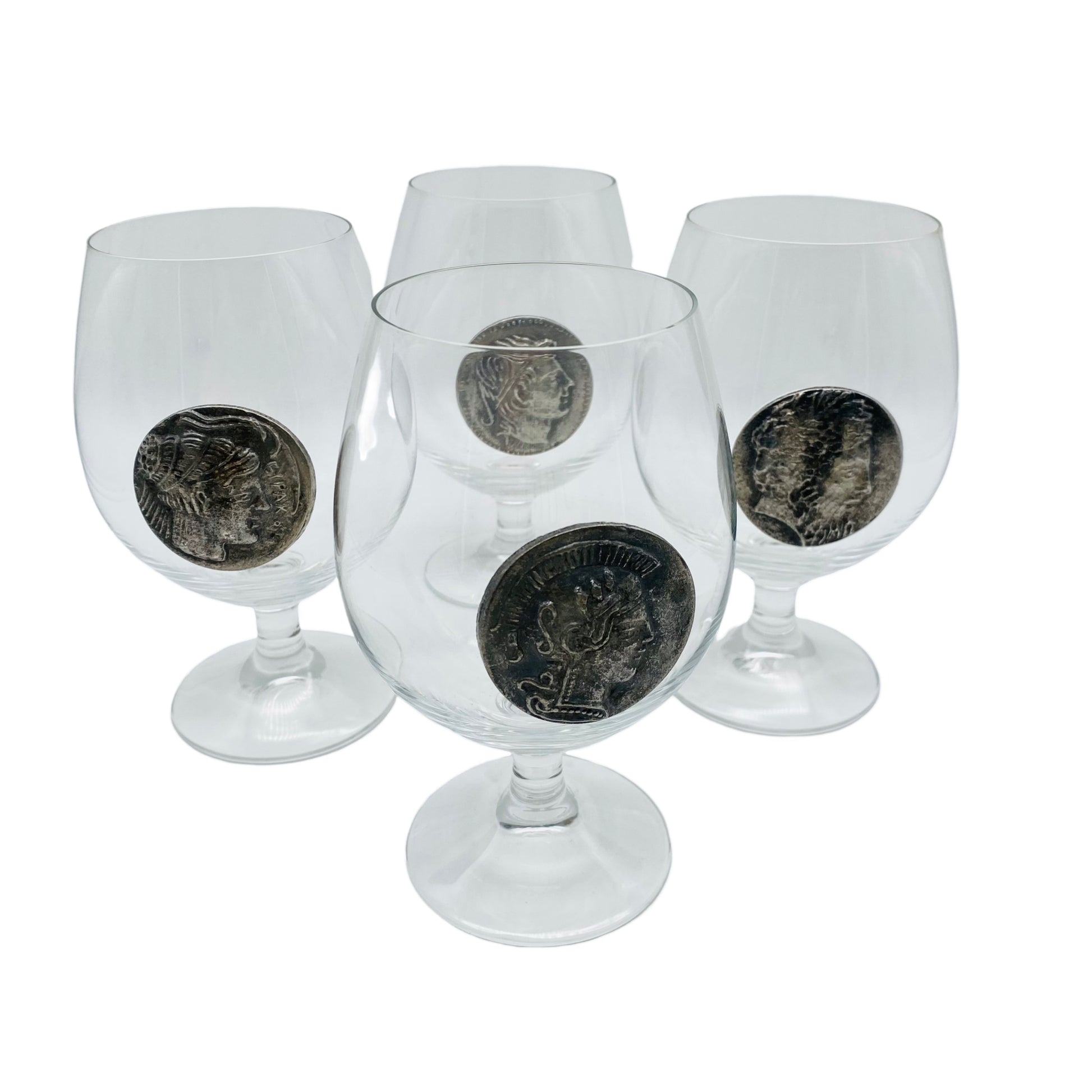 Cognacgläser 4er Set mit Zinn Münze römische Kaiser Vintage Gläser