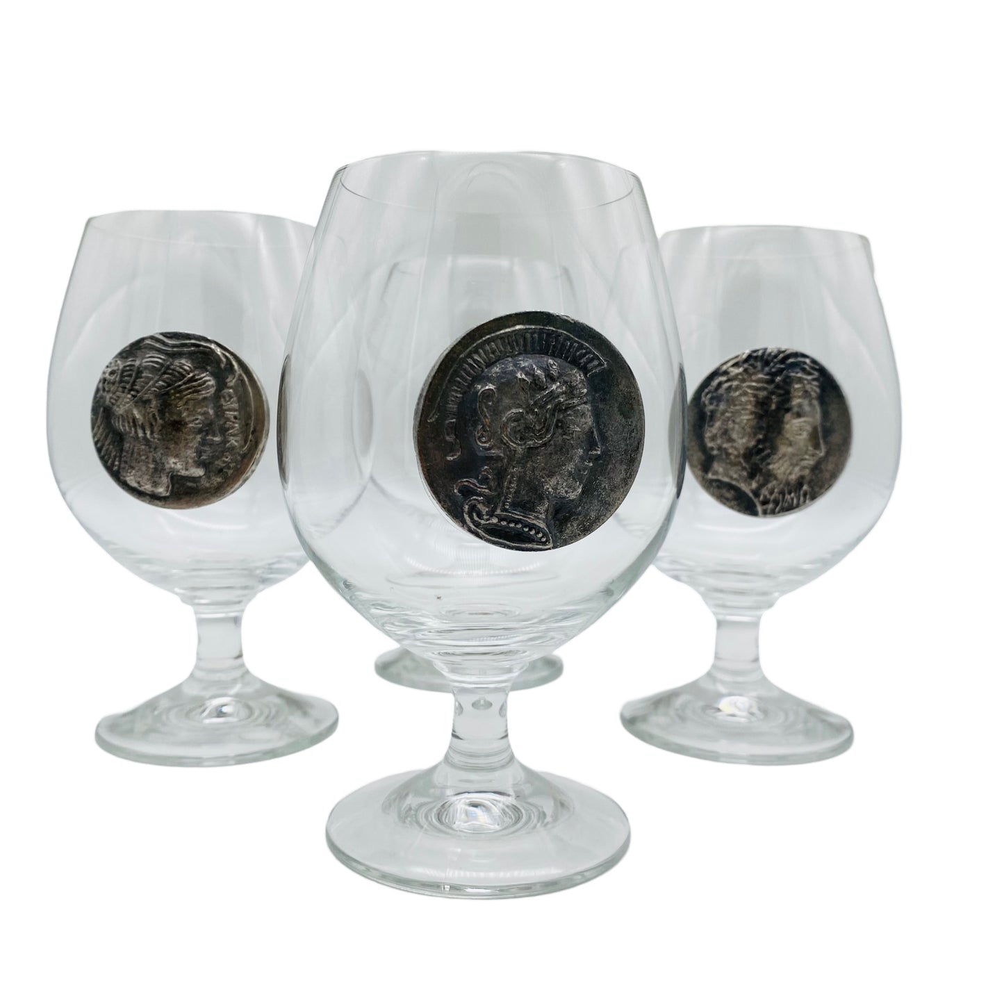 Cognacgläser 4er Set mit Zinn Münze römische Kaiser Vintage Gläser