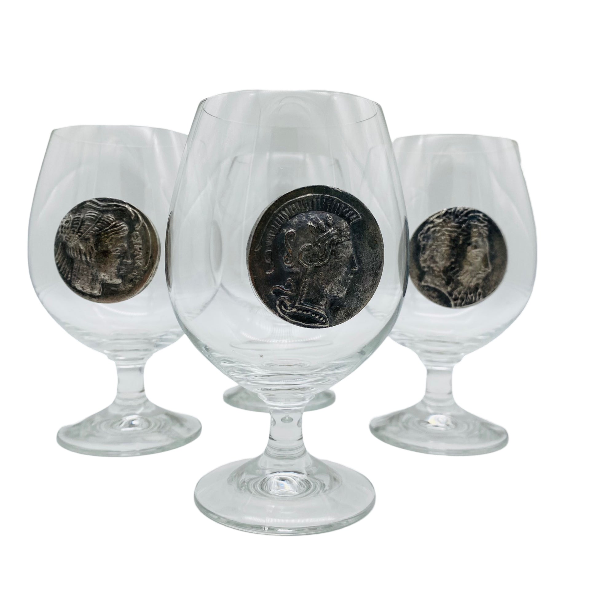 Cognacgläser 4er Set mit Zinn Münze römische Kaiser Vintage Gläser