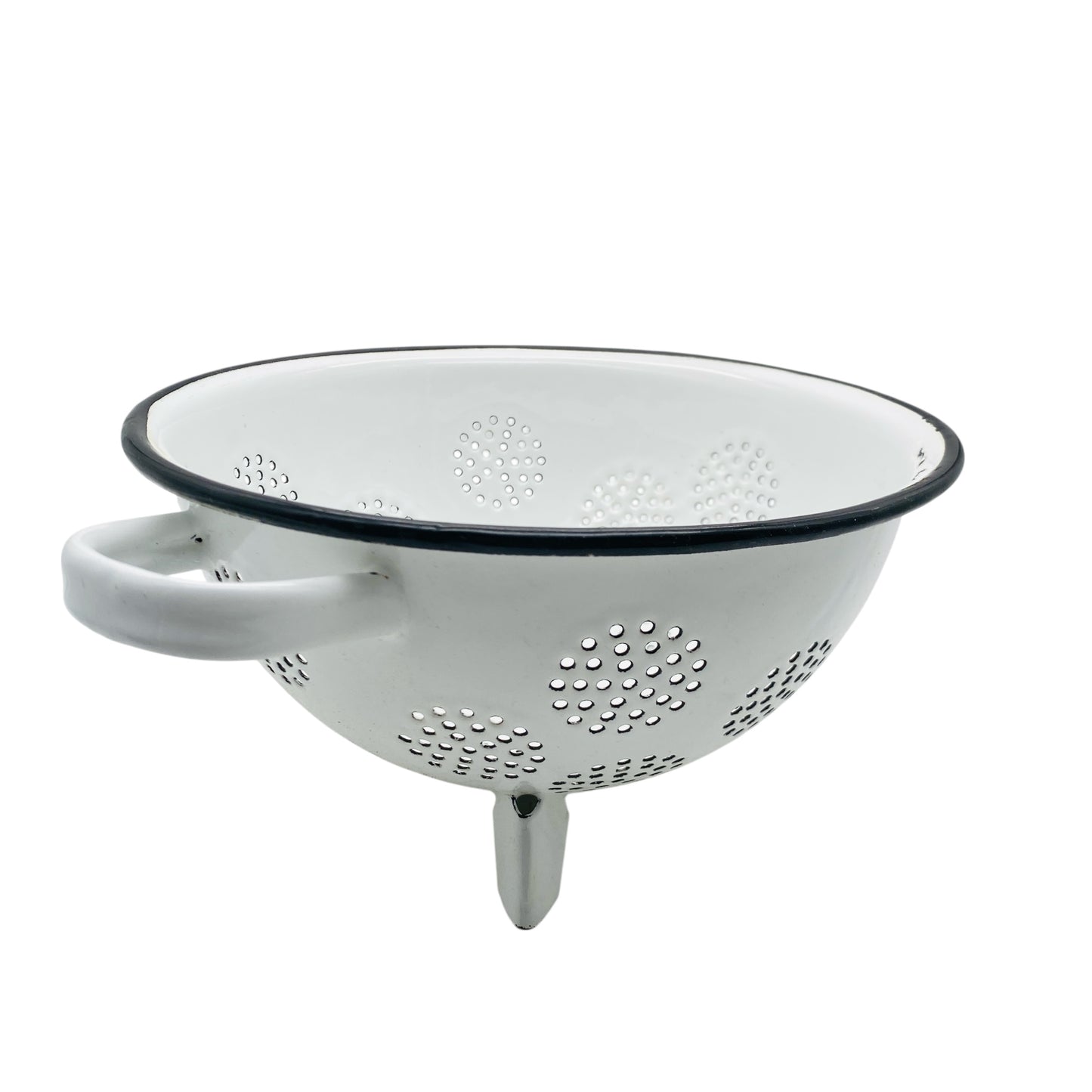 Emaille Küchensieb weiß schwarz D 22,5 cm Dreibein emailliertes Sieb 50er 60er