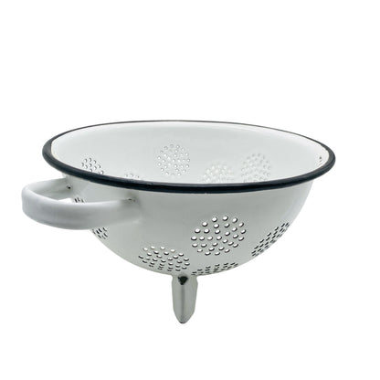 Emaille Küchensieb weiß schwarz D 22,5 cm Dreibein emailliertes Sieb 50er 60er