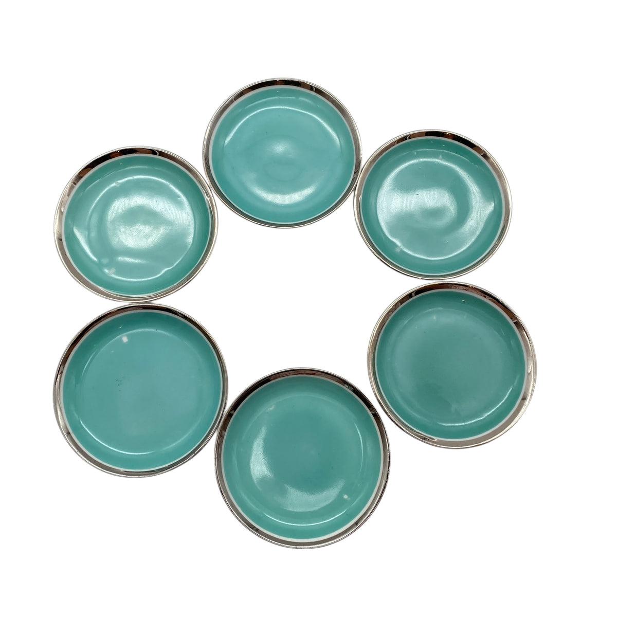 Felda Röhn Porzellan Teller Set Schalen türkis Silberrand 30er 40er Jahre - Mid Century Lounge