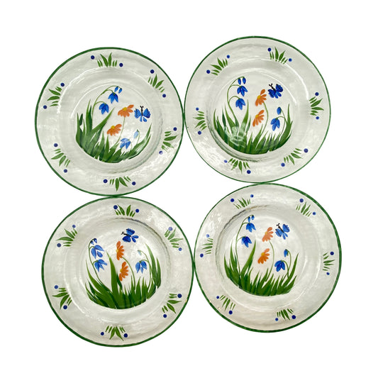 Diese Kanne aus Glas wurde handbemalt mit einer Blumenwiese in grün blau und gelb. Schön für Milch, Saft oder Wasser.