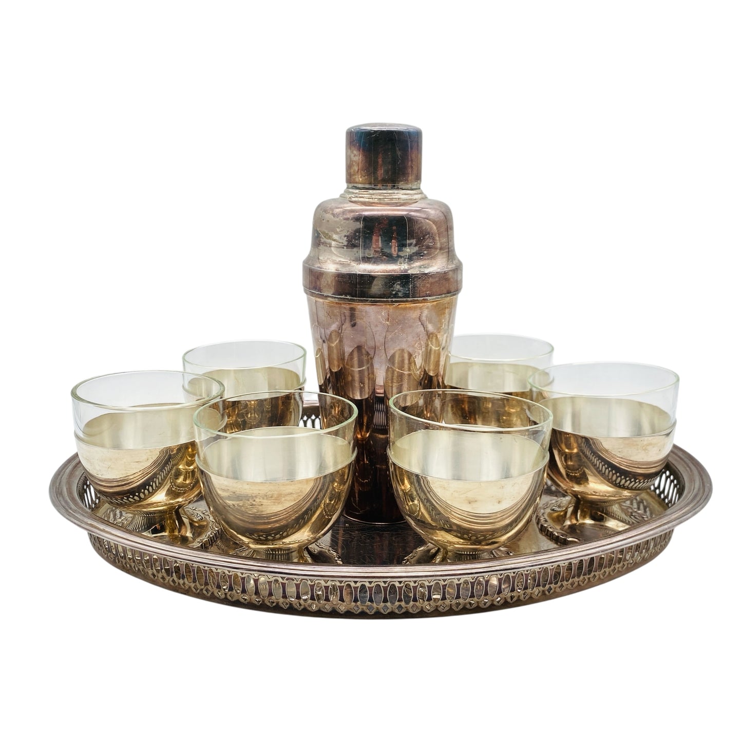 Hoka Homann und Katz Pforzheim Alpaka Silber Gläser Set mit Tablett und Cocktailshaker Mid Century