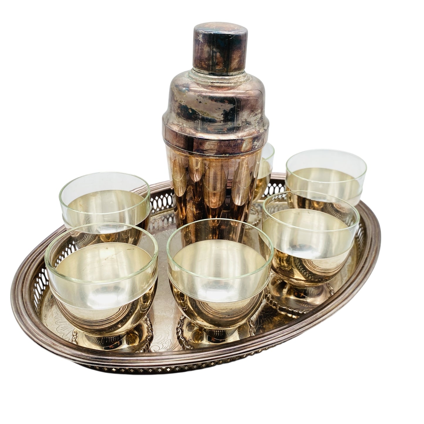 Hoka Homann und Katz Pforzheim Alpaka Silber Gläser Set mit Tablett und Cocktailshaker Mid Century