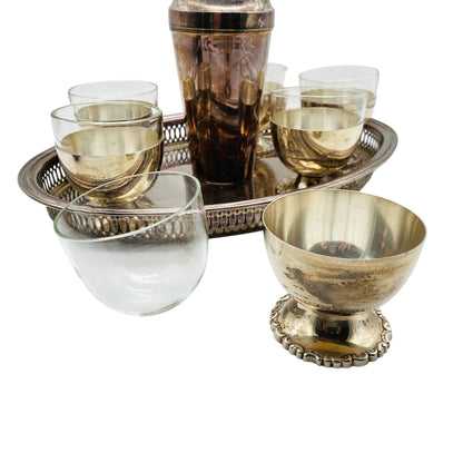 Hoka Homann und Katz Pforzheim Alpaka Silber Gläser Set mit Tablett und Cocktailshaker Mid Century