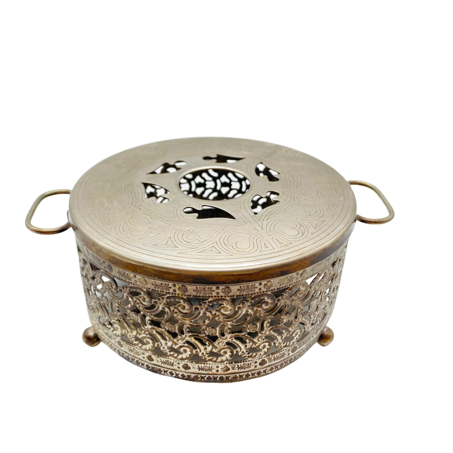 Stövchen versilbert für Teekanne Vintage Durchbrüche D 13 cm Kugelfüße
