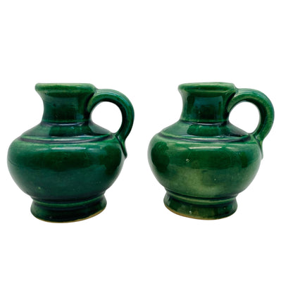Keramikvasen Grün mit Henkel 2er Set 60er 70er H 8cm