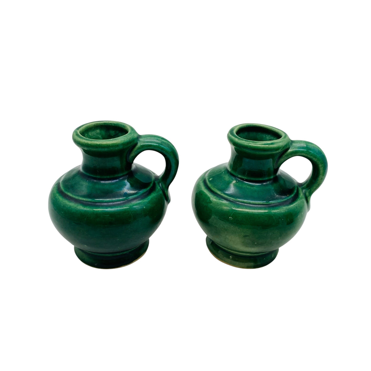 Keramikvasen Grün mit Henkel 2er Set 60er 70er H 8cm
