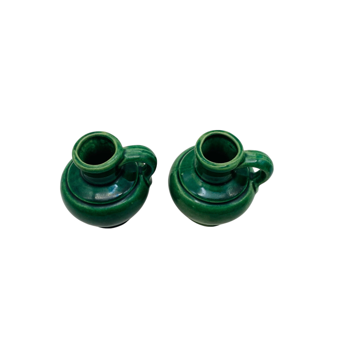 Keramikvasen Grün mit Henkel 2er Set 60er 70er H 8cm