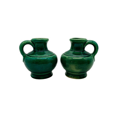 Keramikvasen Grün mit Henkel 2er Set 60er 70er H 8cm