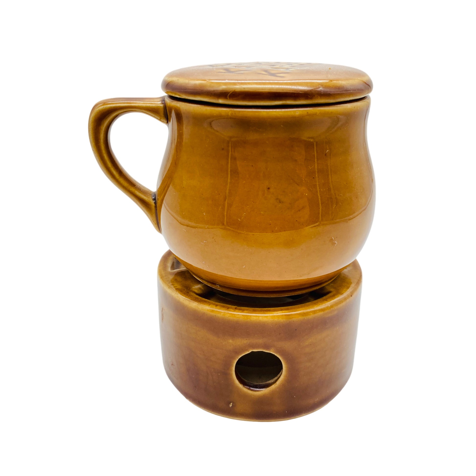 Kaffeetasse Keramik mit Stövchen braun Vintage Mid Century 60er 70er