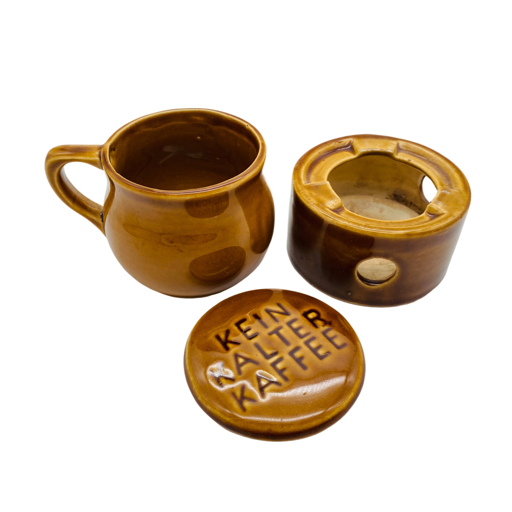 Kaffeetasse Keramik mit Stövchen braun Vintage Mid Century 60er 70er