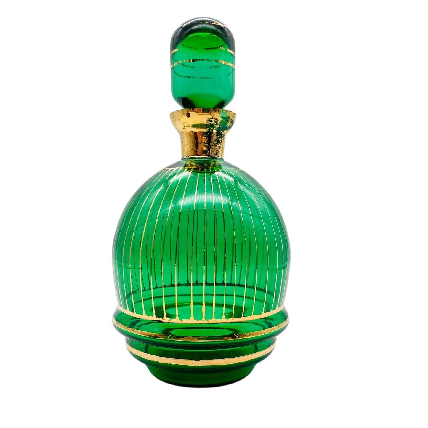 Karaffe grün aus Glas mit Gold Dekor bemalt 60er 70er Jahre Flasche Schnaps