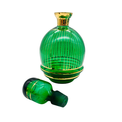 Karaffe grün aus Glas mit Gold Dekor bemalt 60er 70er Jahre Flasche Schnaps