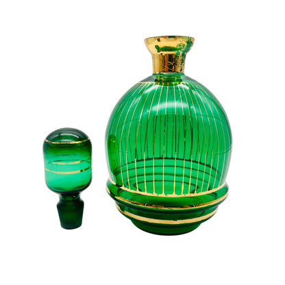 Karaffe grün aus Glas mit Gold Dekor bemalt 60er 70er Jahre Flasche Schnaps