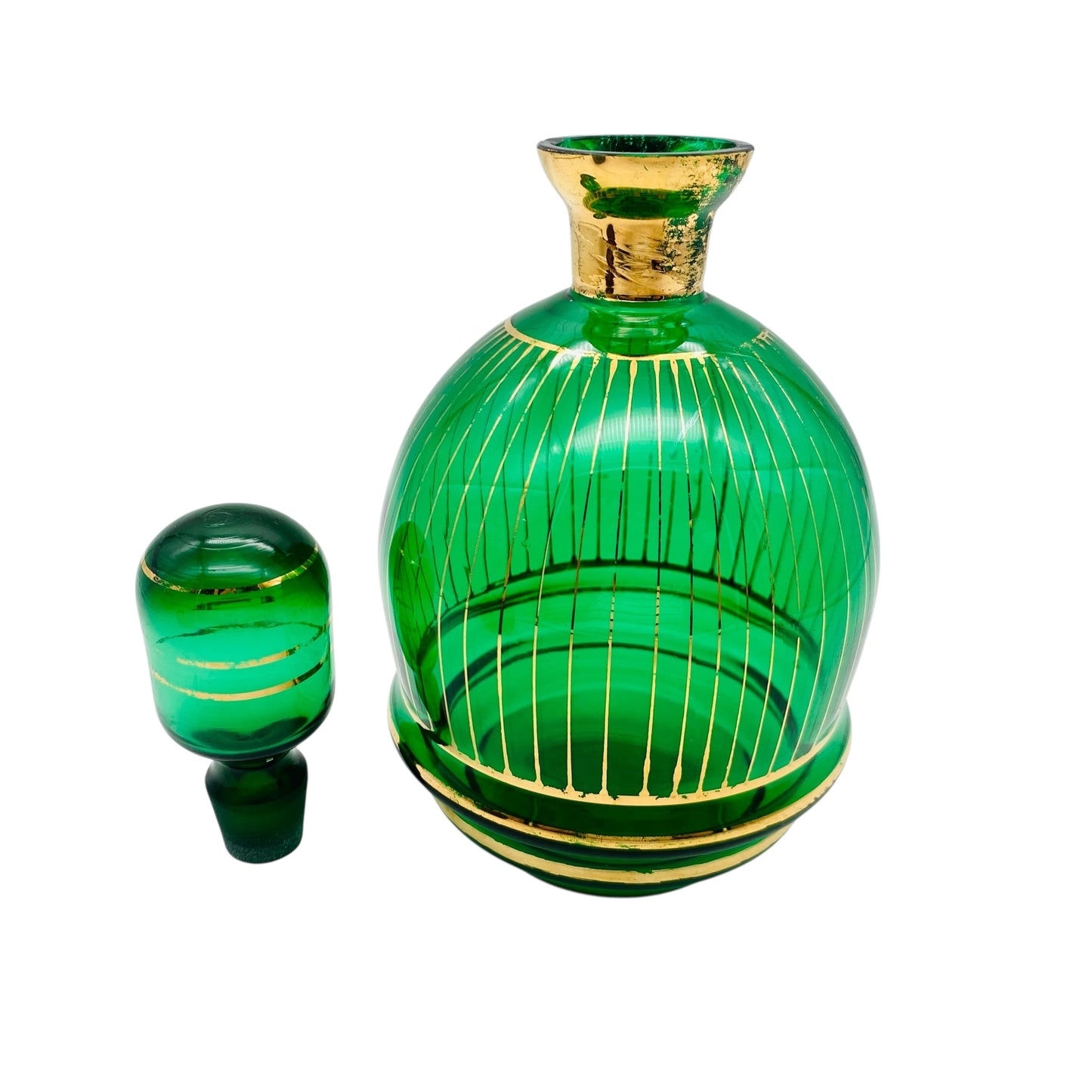 Karaffe grün aus Glas mit Gold Dekor bemalt 60er 70er Jahre Flasche Schnaps