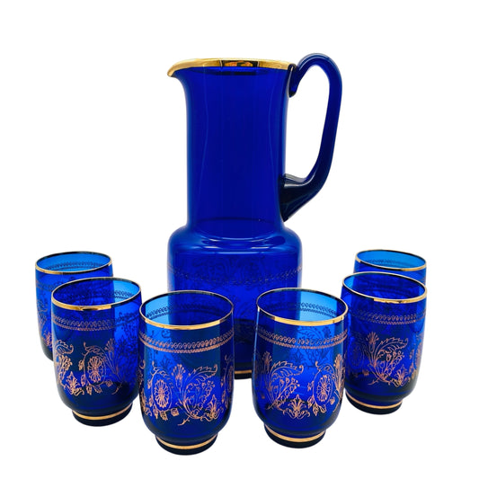 Karaffe und Gläser Set aus Glas blau mit Golddekor 70er 80er Jahre Saftset Hausbar