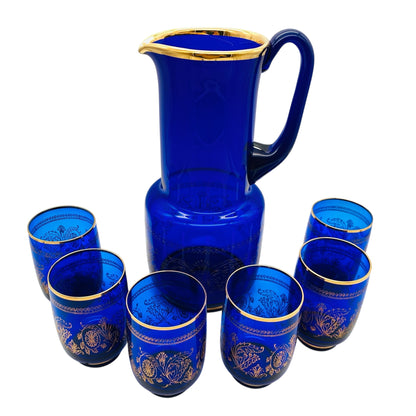 Karaffe und Gläser Set aus Glas blau mit Golddekor 70er 80er Jahre Saftset Hausbar