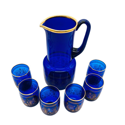 Karaffe und Gläser Set aus Glas blau mit Golddekor 70er 80er Jahre Saftset Hausbar
