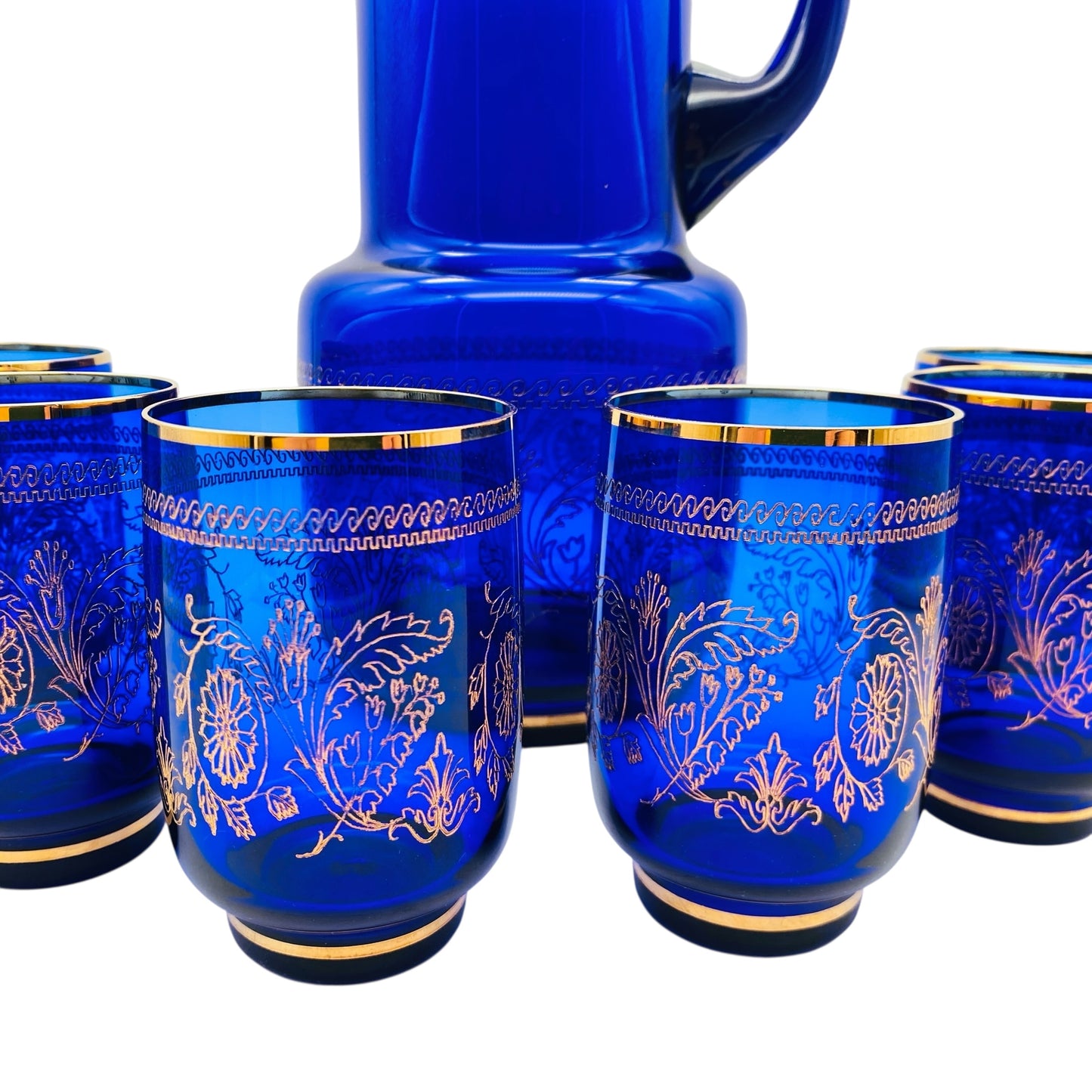 Karaffe und Gläser Set aus Glas blau mit Golddekor 70er 80er Jahre Saftset Hausbar