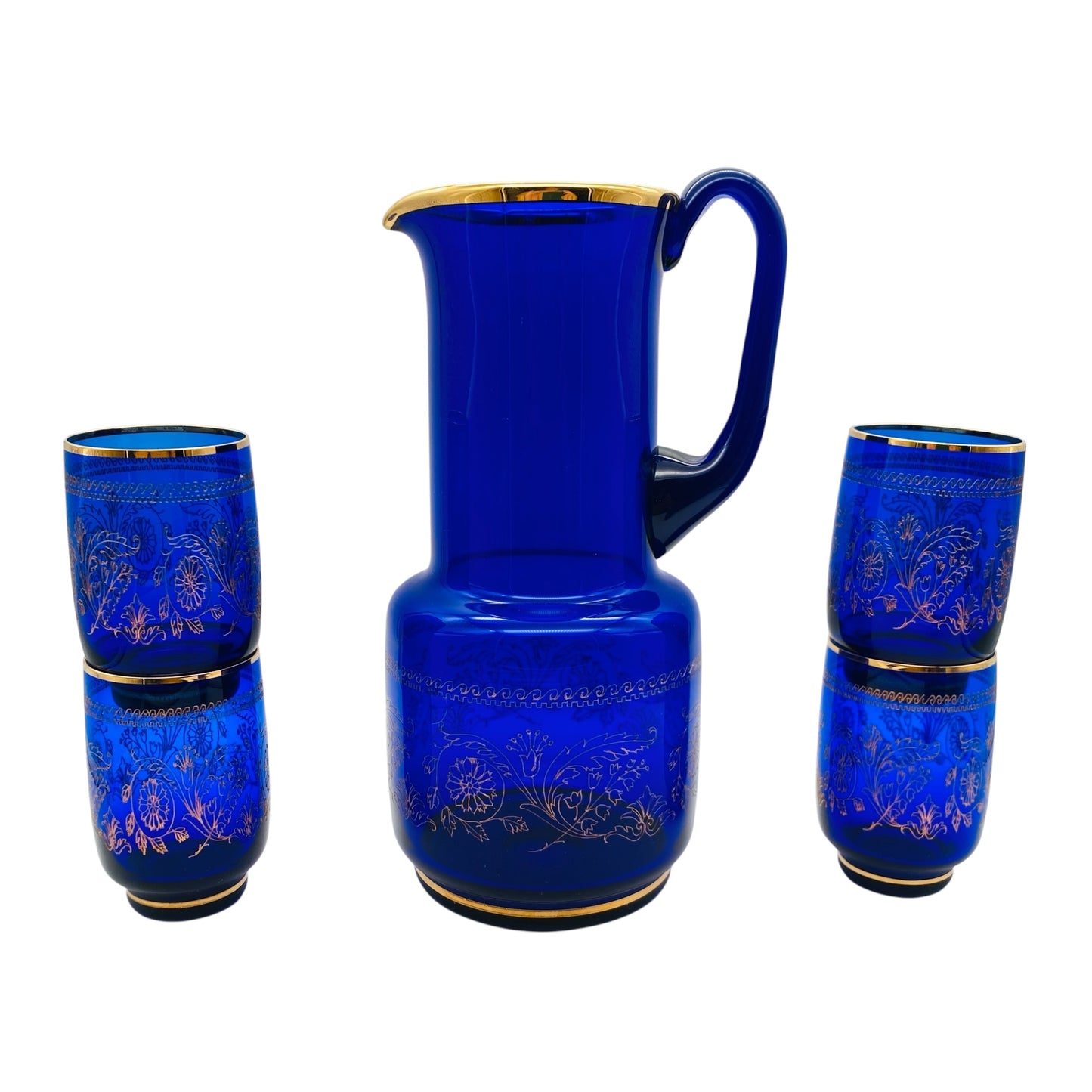 Karaffe und Gläser Set aus Glas blau mit Golddekor 70er 80er Jahre Saftset Hausbar
