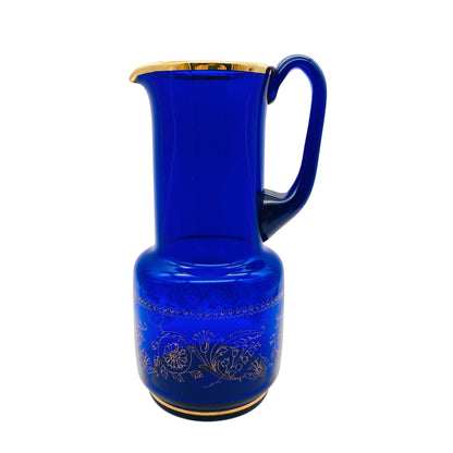 Karaffe und Gläser Set aus Glas blau mit Golddekor 70er 80er Jahre Saftset Hausbar