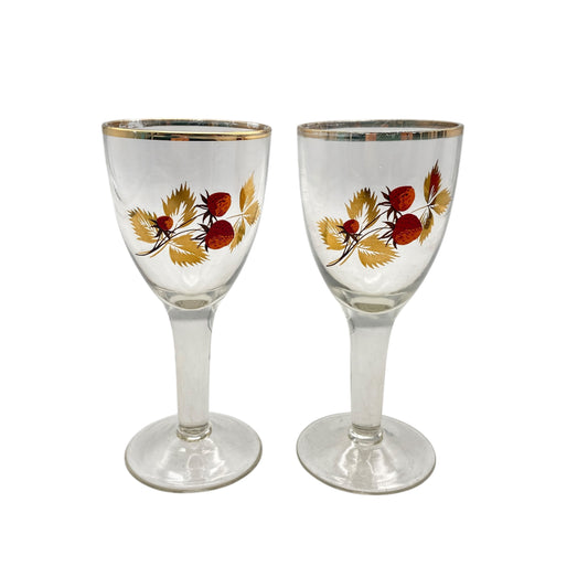 Likörgläser mit Erdbeeren Dekor Vintage 60er 70er Jahre Glas Goldrand Set