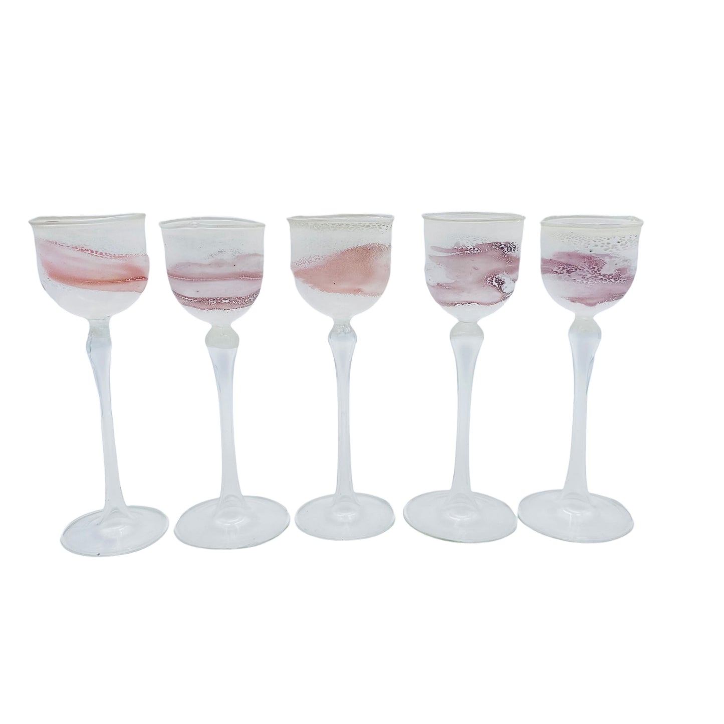 Likörgläser weiß rosa mundgeblasen handgefertigt 5er Set Glas Vintage