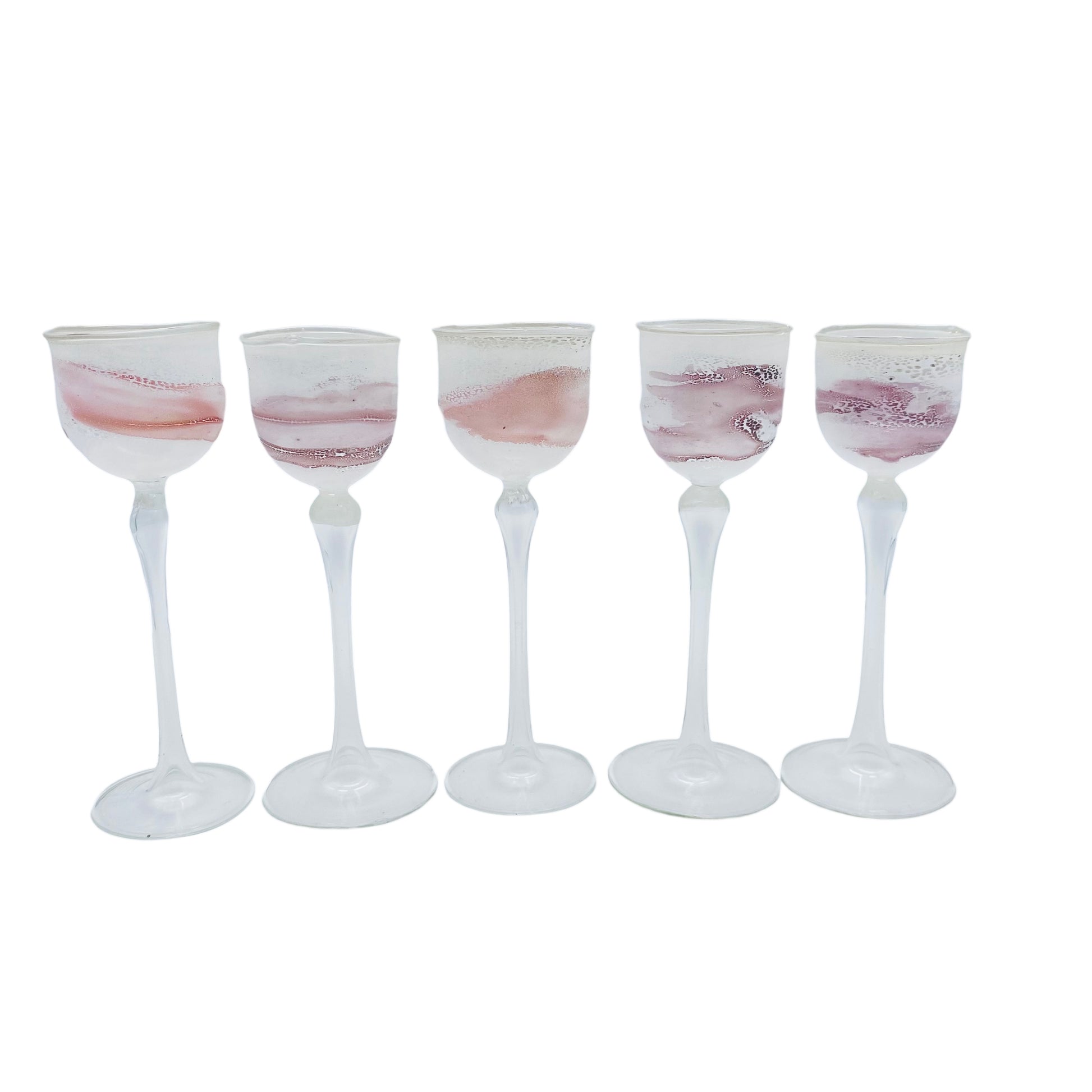 Likörgläser weiß rosa mundgeblasen handgefertigt 5er Set Glas Vintage