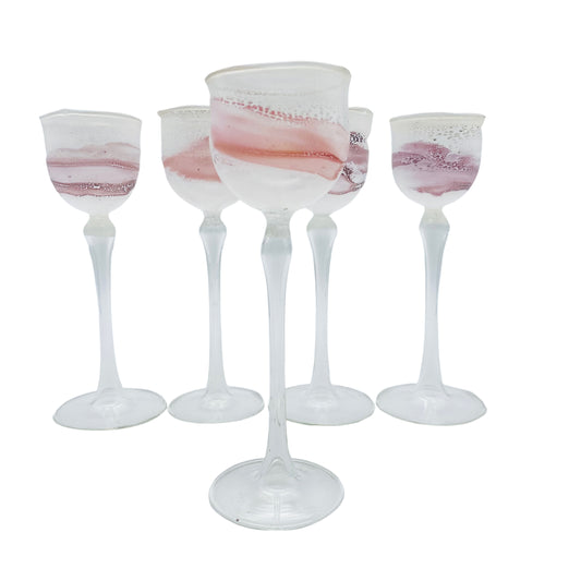 Likörgläser weiß rosa mundgeblasen handgefertigt 5er Set Glas Vintage