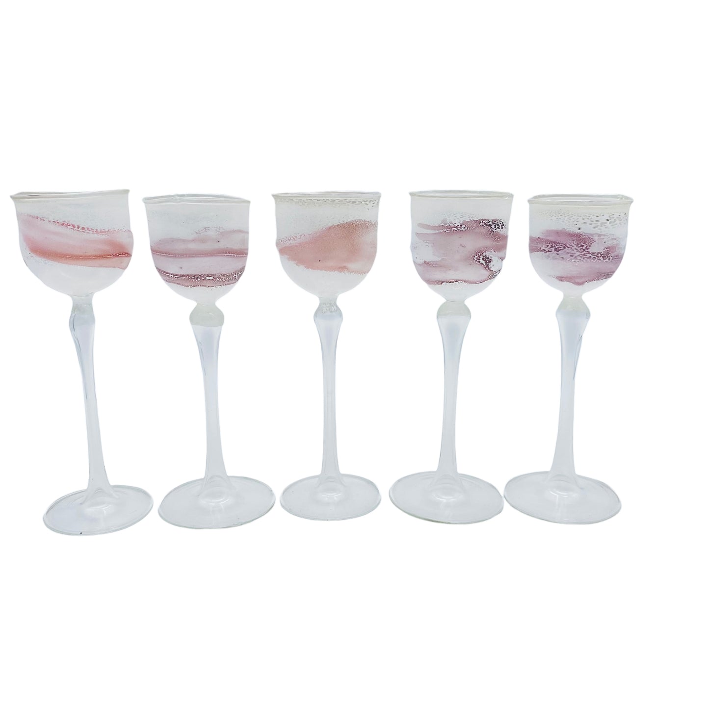 Likörgläser weiß rosa mundgeblasen handgefertigt 5er Set Glas Vintage