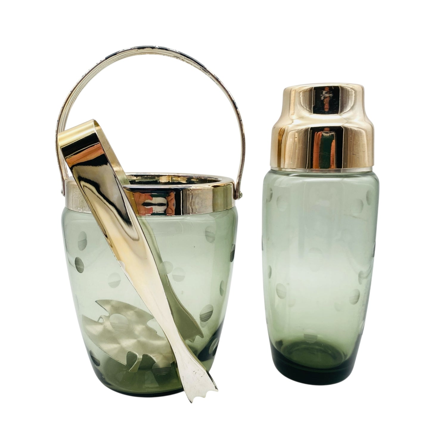 Mid Century Barset Cocktailshaker & Eiseimer Rauchglas Linsenschliff beschliffen 60er 70er Jahre