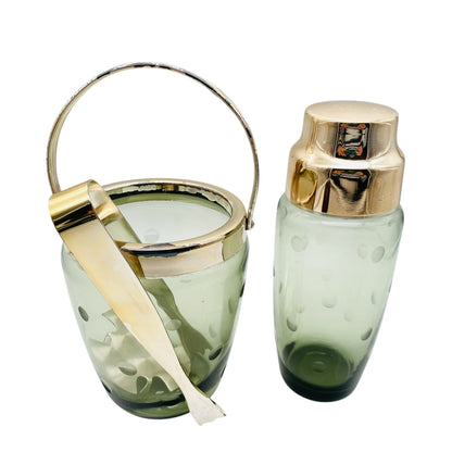 Mid Century Barset Cocktailshaker & Eiseimer Rauchglas Linsenschliff beschliffen 60er 70er Jahre