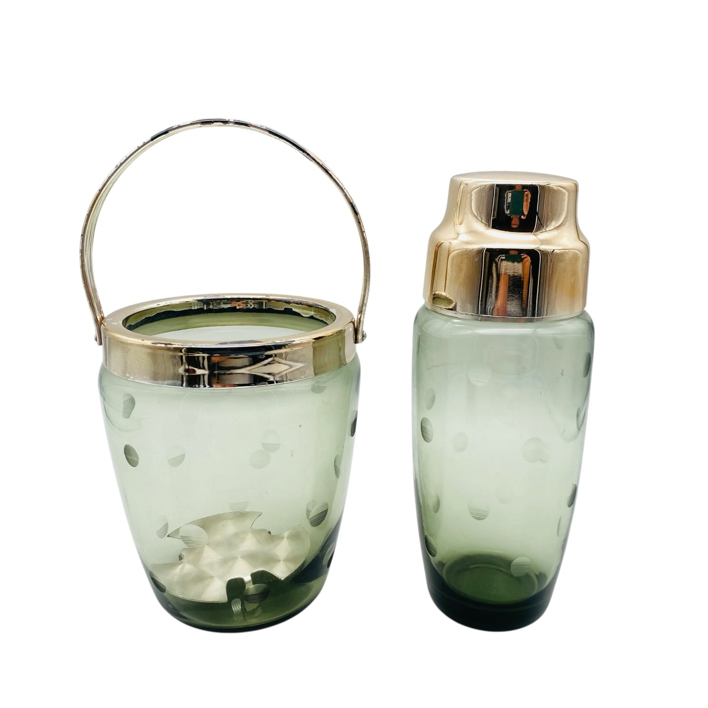 Mid Century Barset Cocktailshaker & Eiseimer Rauchglas Linsenschliff beschliffen 60er 70er Jahre