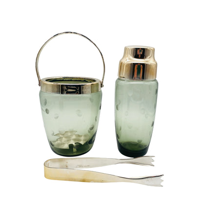 Mid Century Barset Cocktailshaker & Eiseimer Rauchglas Linsenschliff beschliffen 60er 70er Jahre