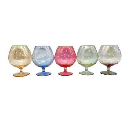 Mid Century Cognacgläser bunt irisierend 5er Set beschliffen Linsen 50er 60er Jahre