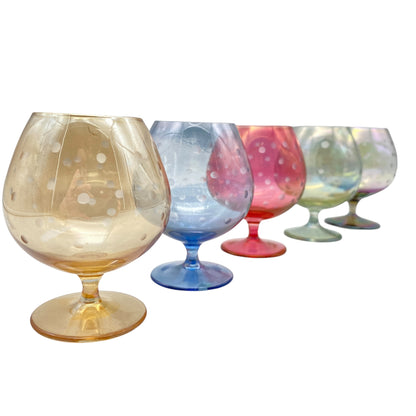 Mid Century Cognacgläser bunt irisierend 5er Set beschliffen Linsen 50er 60er Jahre